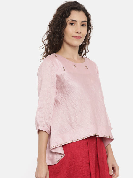 Baby Pink Embroideried Crushed Silk Top   -  AS0367