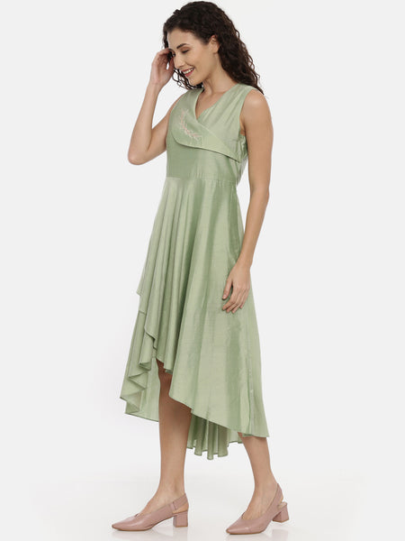 Olive green summer dress for girls - asymmetrical cut in cotton silk