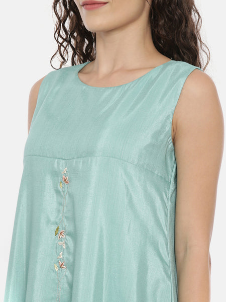 Aqua Blue Linen Satin Asymmetrical Dress -  AS0428
