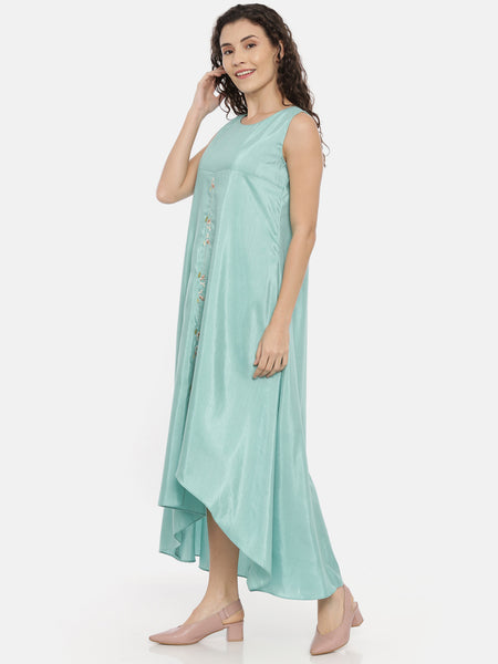Aqua Blue Linen Satin Asymmetrical Dress -  AS0428