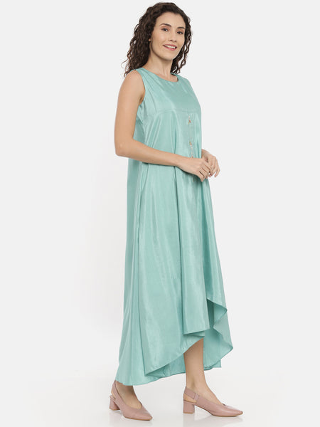 Aqua Blue Linen Satin Asymmetrical Dress -  AS0428
