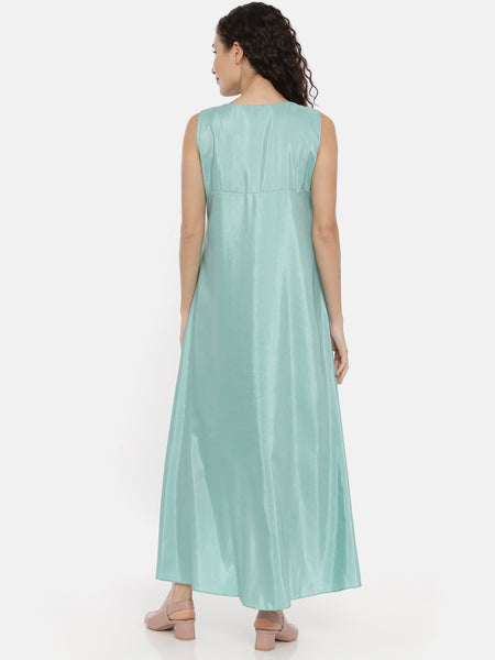 Aqua Blue Linen Satin Asymmetrical Dress -  AS0428