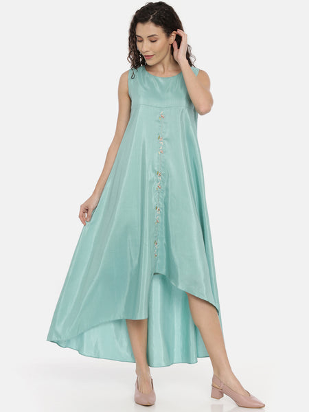 Aqua Blue Linen Satin Asymmetrical Dress -  AS0428
