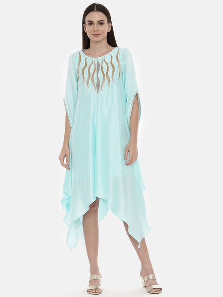 Aqua Blue Embroidered Silk Dress - AS0542