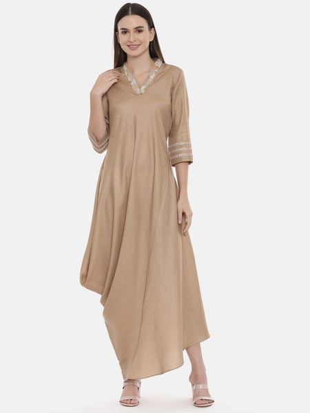 Beige Drape Linen Satin Dress - AS0548