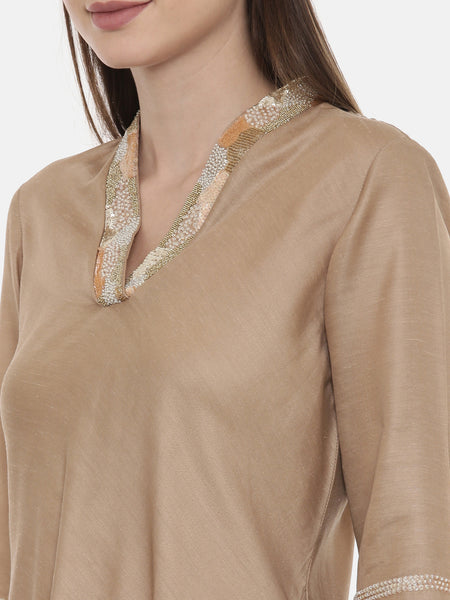 Beige Drape Linen Satin Dress - AS0548