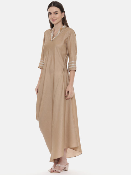 Beige Drape Linen Satin Dress - AS0548