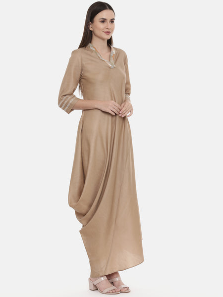 Beige Drape Linen Satin Dress - AS0548