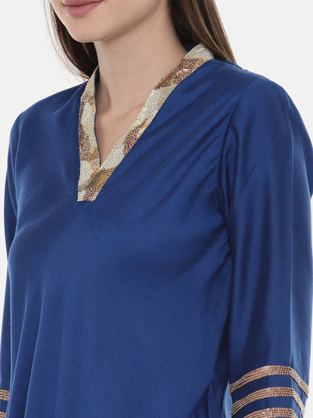 Blue Drape Linen Satin Dress - AS0551