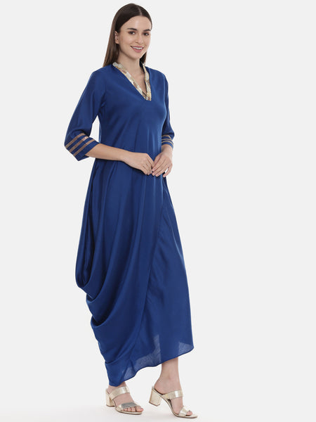 Blue Drape Linen Satin Dress - AS0551