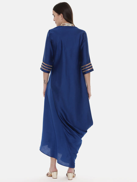 Blue Drape Linen Satin Dress - AS0551