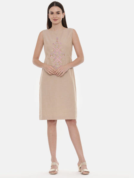 Beige Cotton Embroidered Dress - AS0568