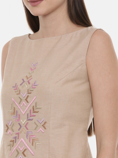 Beige Cotton Embroidered Dress - AS0568