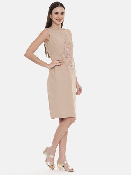 Beige Cotton Embroidered Dress - AS0568