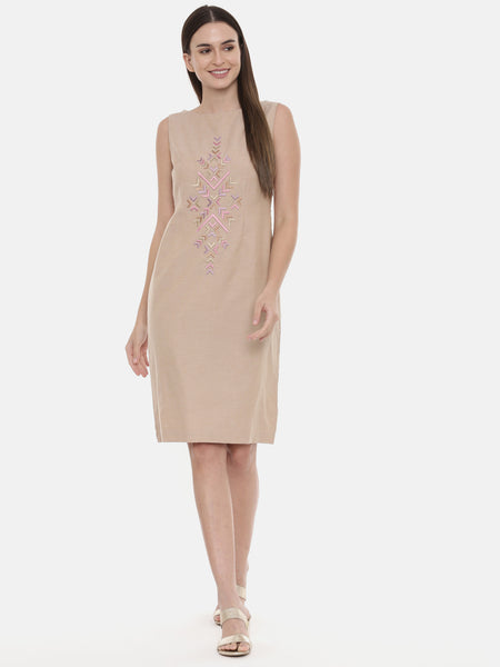 Beige Cotton Embroidered Dress - AS0568