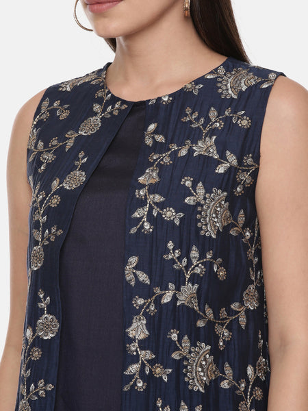 Navy blue chanderi dress with embroidery