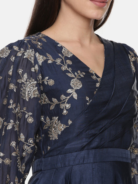 Blue Embroidred Chanderi Pleated Dress - AS0593