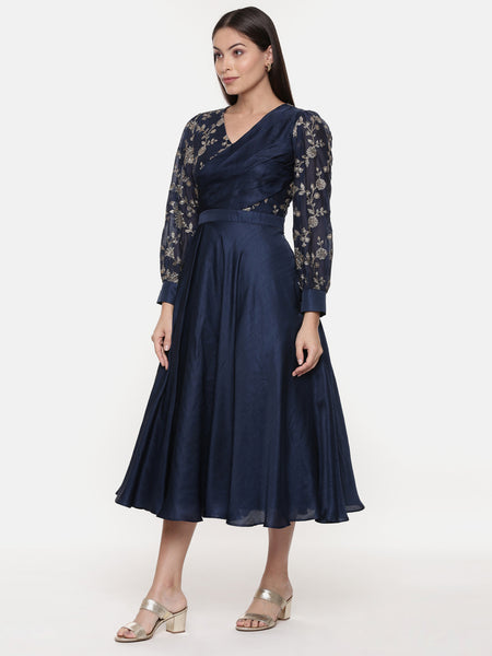 Blue Embroidred Chanderi Pleated Dress - AS0593