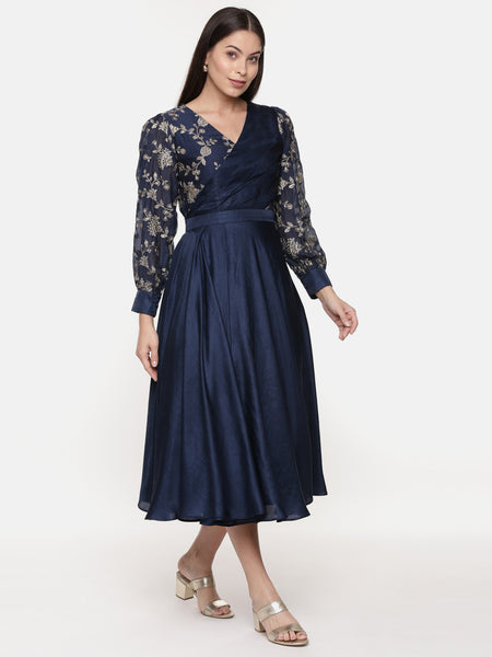 Blue Embroidred Chanderi Pleated Dress - AS0593