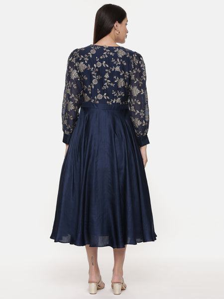 Blue Embroidred Chanderi Pleated Dress - AS0593
