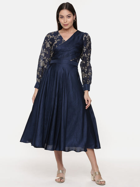 Blue Embroidred Chanderi Pleated Dress - AS0593