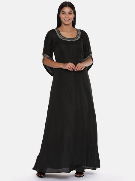Black Silk Emroidered Gown - AS0605