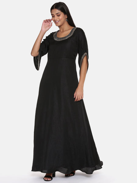 Black Silk Emroidered Gown - AS0605