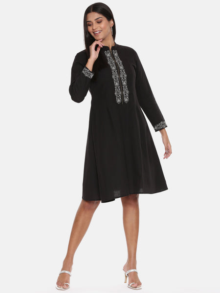 Black Cotton Embroidered Dress - AS0628