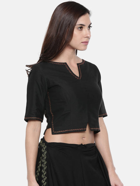 Black Embroidered Cotton Silk Blouse - ASBL002 - Asmi Shop