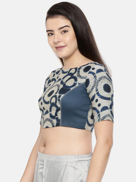 Dark blue chanderi/naina satin embroidered blouse - ASBL005 - Asmi Shop