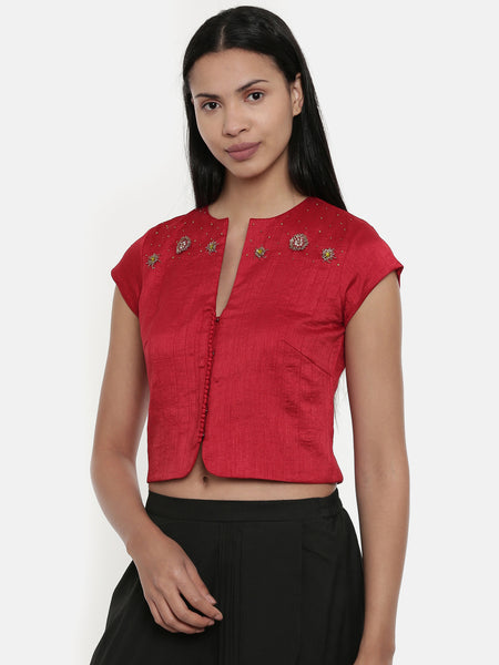 Red,silk slub, long  blouse - ASBL014 - Asmi Shop