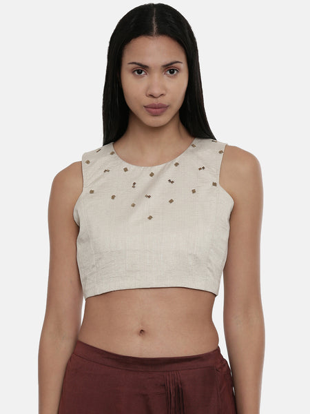 Silver Beige,Silk slub sleevless short blouse -ASBL018 - Asmi Shop