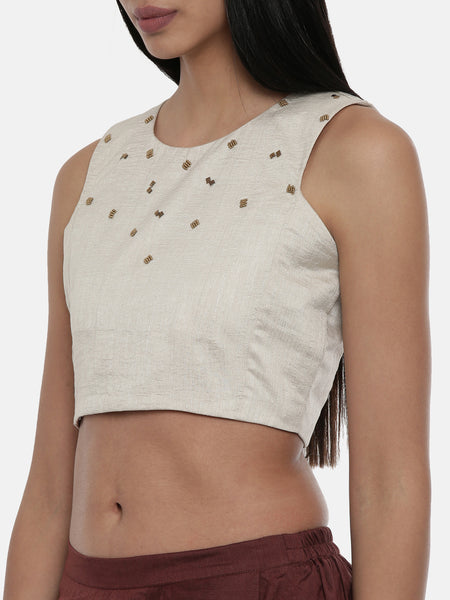 Silver Beige,Silk slub sleevless short blouse -ASBL018 - Asmi Shop