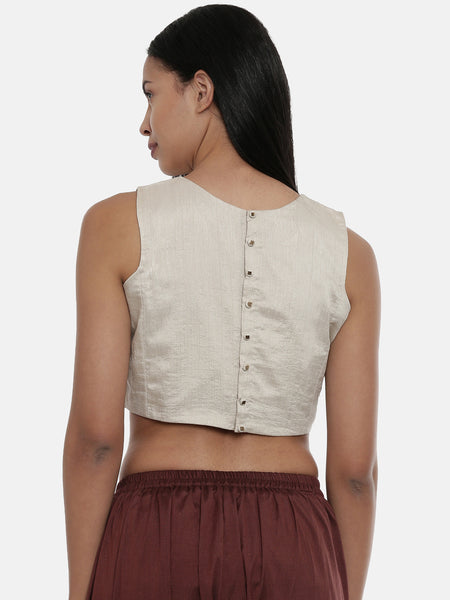 Silver Beige,Silk slub sleevless short blouse -ASBL018 - Asmi Shop