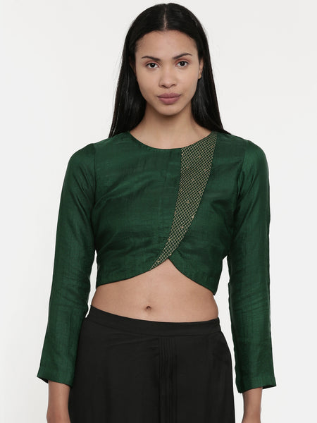 Bottle Green,Silk Slub, long blouse - ASBL022 - Asmi Shop