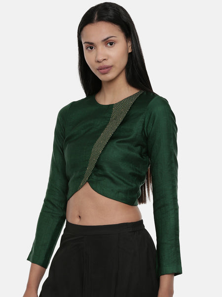 Bottle Green,Silk Slub, long blouse - ASBL022 - Asmi Shop