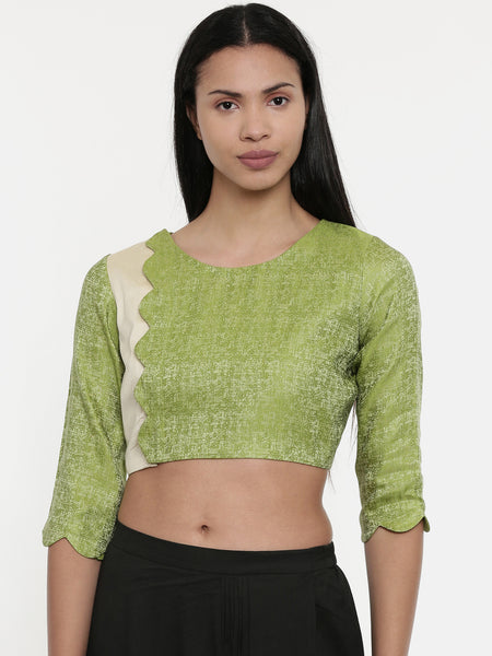 Leaf Green/Beige,Jaquard/Cotton silk Blouse - ASBL023 - Asmi Shop