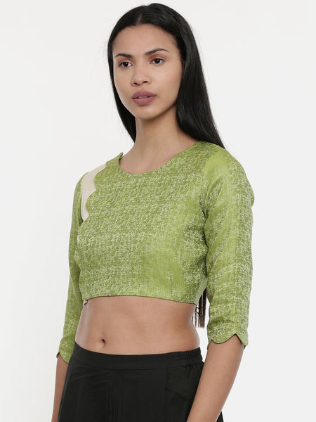 Leaf Green/Beige,Jaquard/Cotton silk Blouse - ASBL023 - Asmi Shop