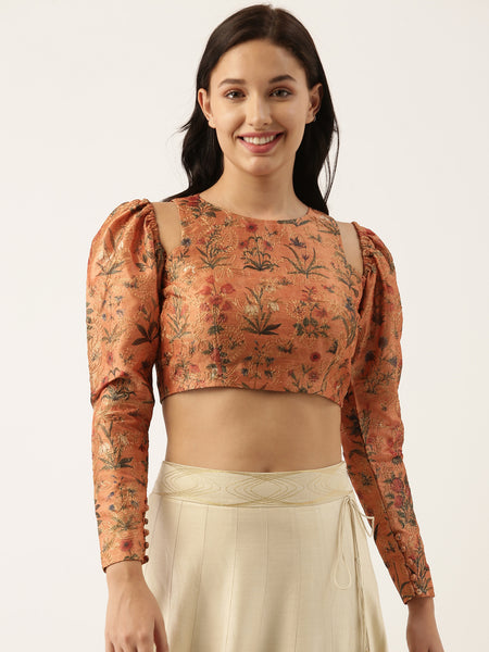 Chanderi Printed Embroidered Blouse - ASBL036