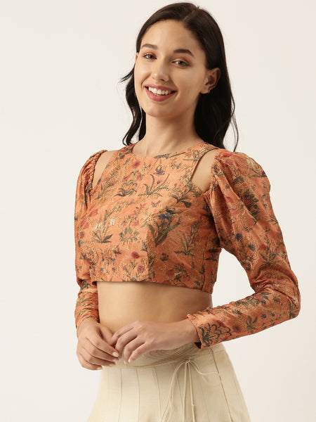 Chanderi Printed Embroidered Blouse - ASBL036