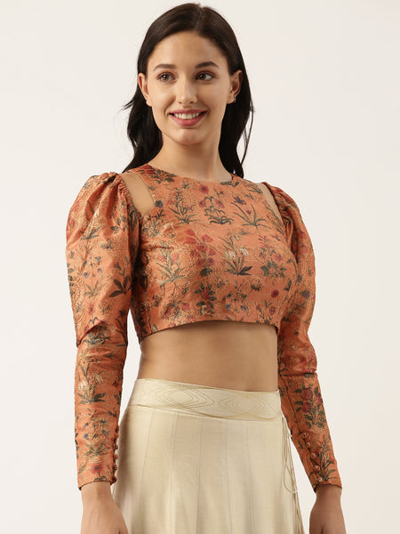 Chanderi Printed Embroidered Blouse - ASBL036