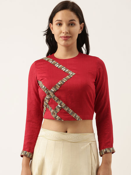 Silk Red Sequened Blouse  - ASBL045