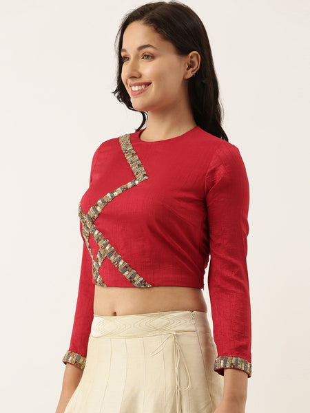 Silk Red Sequened Blouse  - ASBL045