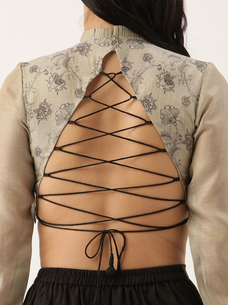 Grey Black Back Open Chanderi Blouse  - ASBL046