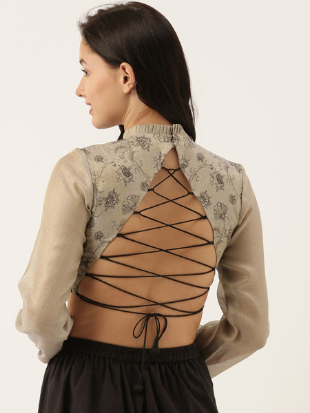 Grey Black Back Open Chanderi Blouse  - ASBL046