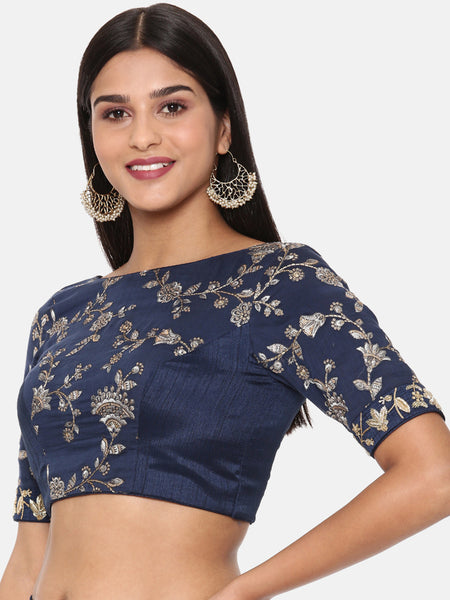 Blue Chanderi Emb Blouse - ASBL093