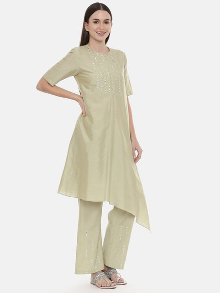 Green Silk Embroidred Co Ord Set - ASCRSET004