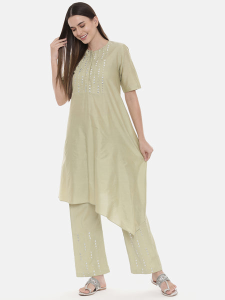 Green Silk Embroidred Co Ord Set - ASCRSET004