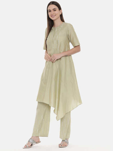 Green Silk Embroidred Co Ord Set - ASCRSET004