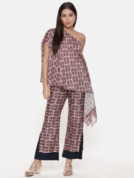 Red Blue Silk Chanderi Print Co-Ord Set - ASCRSET010